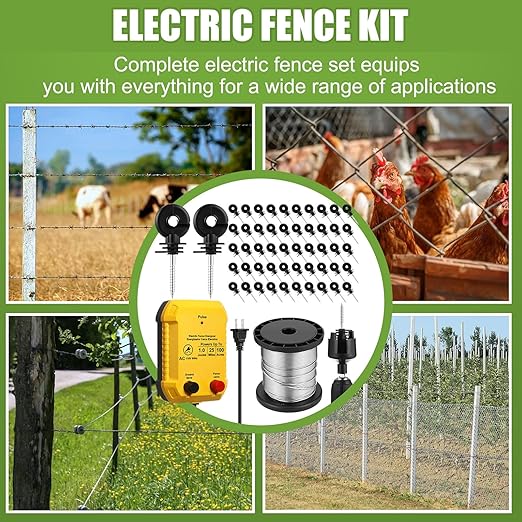 Electric Fence for Preventing Animals Intruding 2 Mile 110VAC 1 Joule Electric Plug in Fence, 50 Black Insulator and 1 Socket Tool 250ft Aluminum Wire for Animals and Keep Out Predators