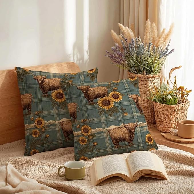 Highland Cow Sunflower Throw Pillow Covers 18x18 Inch, Set of 2 | Rustic Farm Animal Plaid Cushion Cases for Couch & Living Room | Country Farmhouse Home Decor Pillowcases