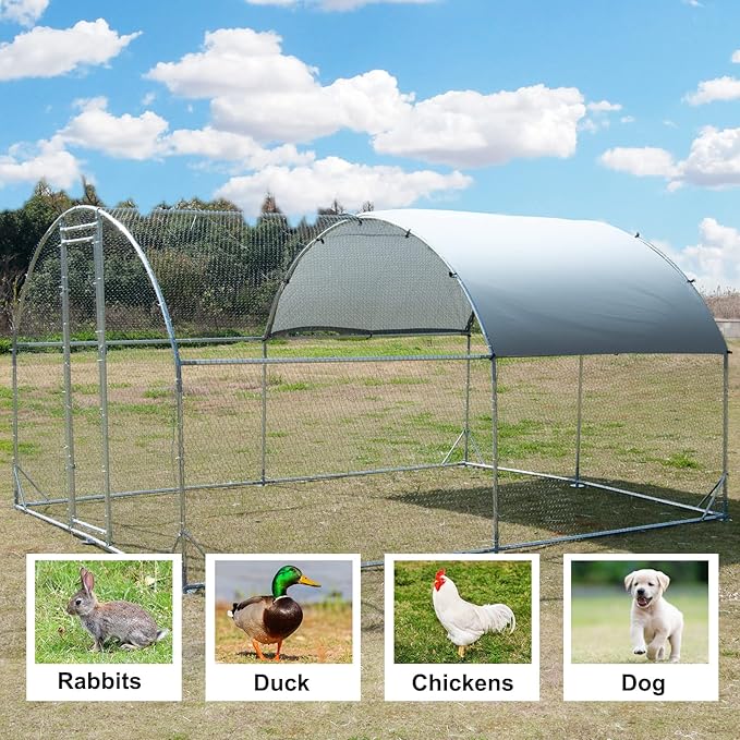 Large Metal Chicken Coop, Walk-in Poultry Cage Galvanized Hen Playpen House Dome Shaped Coop with Waterproof and Anti-Ultraviolet Cover and Lockable Door for Outdoor, Backyard Farm (12.5’ L x 9.2’ W)