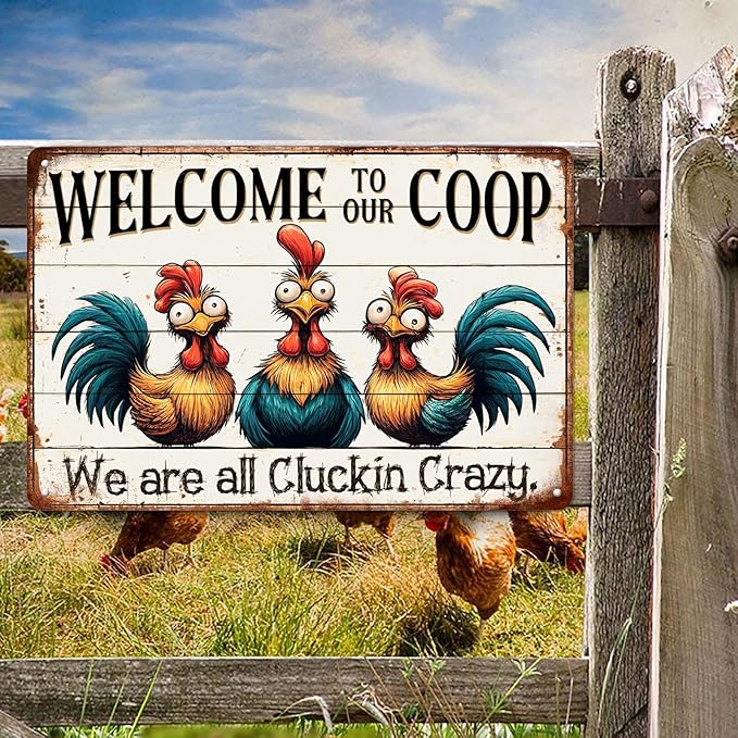 Welcome to Our Coop Sign We Are All Cluckin Crazy Metal Tin Sign Farmhouse Kitchen Coop Decor Funny Novelty Chicken Coop Accessories Farm Wall Decor 8x12 Inch
