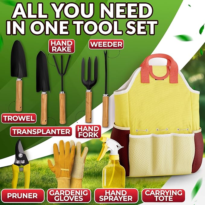 Compact Gardening Tool Set of 9 - Mini Garden Kit for Women with Multiple Pockets, Rust-Proof Steel Planting Tools for Gardeners - Portable Garden Tool Bag, Outdoor and Indoor Gardening Kit for Women
