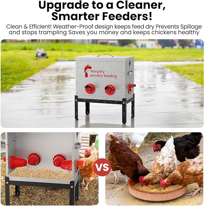40 lb Large Automatic Chicken Feeder with 6 No-Waste Ports – Outdoor Metal Chicken Feeders with Adjustable Stand, Rodent-Resistant Design & Riveted Handles for Chickens, Ducks & Poultry