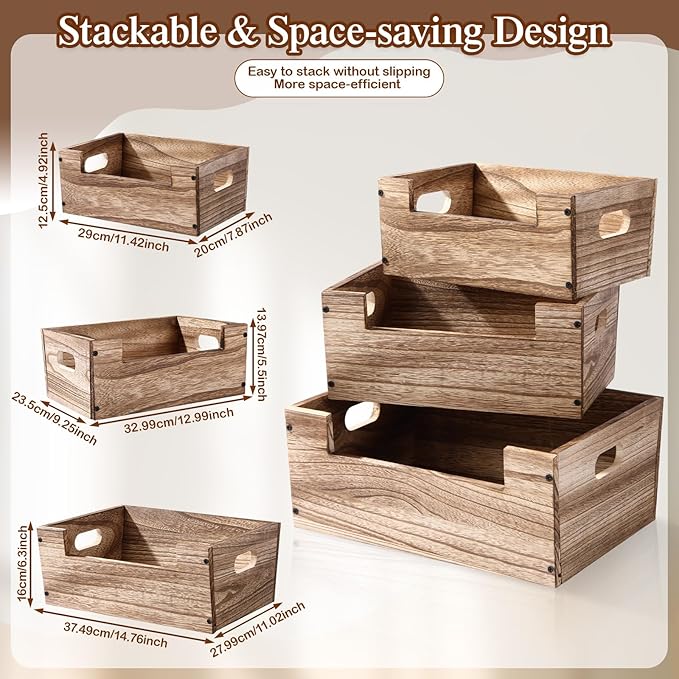 Set of 3 Wood Storage Nesting Crates for Display, Decorative Farmhouse Wooden Boxes with Handles Rustic Wood Basket Container for Organization Decor