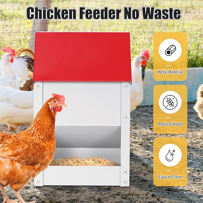 Automatic Chicken Feeder 10lbs Metal Chicken Feeder No Waste Wall Mounted Poultry Feeder Trough with Scoop for Chickens Ducks Quail Geese Pet