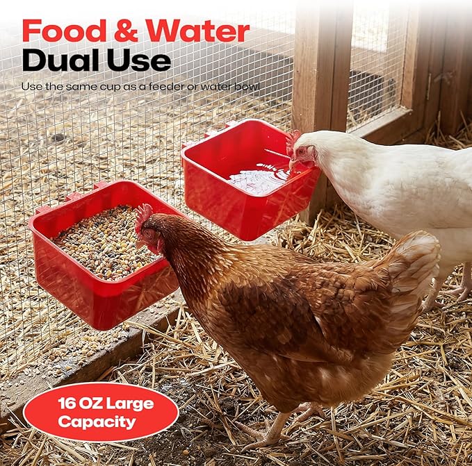 20Pcs 18 oz Bird Cage Cups, Red Plastic Poultry Feeder Waterer Cups, Hanging Wire Cage Bowls for Chicken Pigeon Bunny Gamefowl Farm Poultry