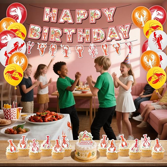 Crawfish Boil Party Supplies - Lobster Happy Birthday Banner Crawfish Balloons and Crayfish Cake Topper for Seafood Theme Birthday Party Decorations