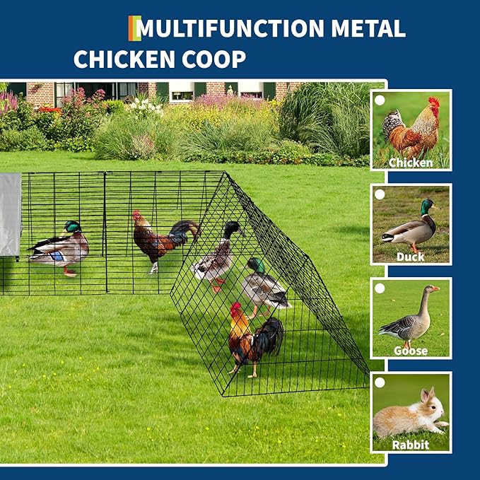 Large Metal Chicken Coop, Chicken Tunnels for Outside, Portable Chickens Run with Waterproof and Anti-UV Cover, Cage Rabbit Duck Hen House for Yard Farm Use