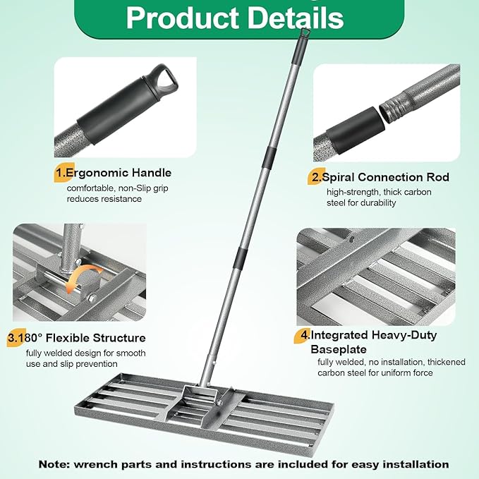 Lawn Leveling Rake, 30"x10" Heavy Duty Leveling Rake for Soil, Sand, Compost, Gravel, Steel Lawn Leveler with Adjustable Handle, Level Yard Tool for Backyard, Garden, Farm, Golf Course