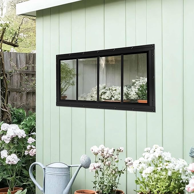 Shed Windows 2 Pack, Transom Windows 10" x 23" with Tempered Glass, Garage Doors Window for Shed, Chicken Coop, Playhouse, Household (Black)