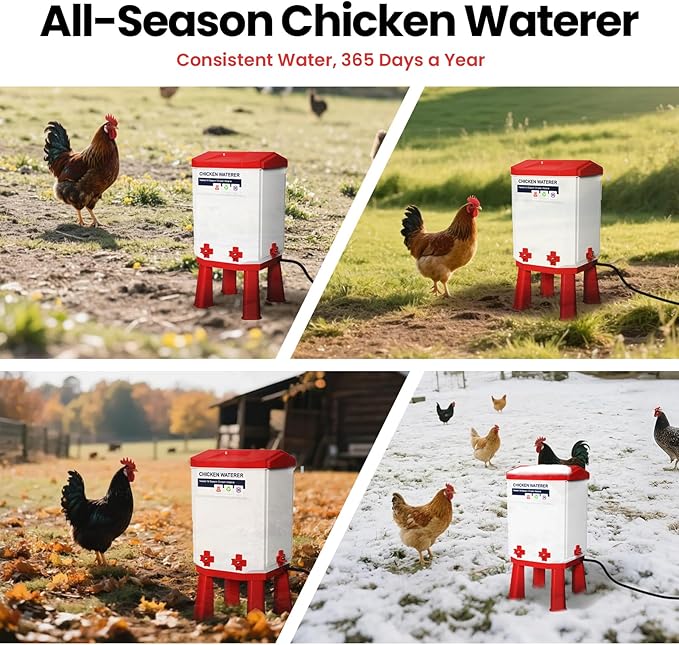 3.2 Gallon Heated Chicken Waterer with 4 Nipple Drinkers - Adjustable Height, BPA-Free, Freeze-Proof, 110V Electric, Suitable for Chickens, Ducks, Geese & Quails,12L (1 pc)