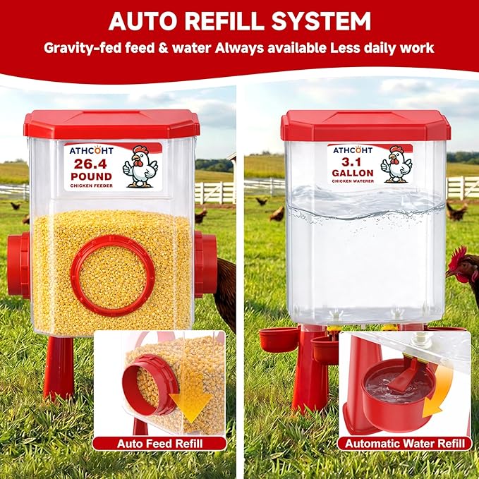 Large Chicken Feeder and Waterer Set 3.1 Gallon/26.4 Pounds, Automatic Chicken Waterer with 4 Cups & 3 Feeder Ports No Waste Poultry Feeders & Waterers, Chicken Coop Accessories for Hens/Poult
