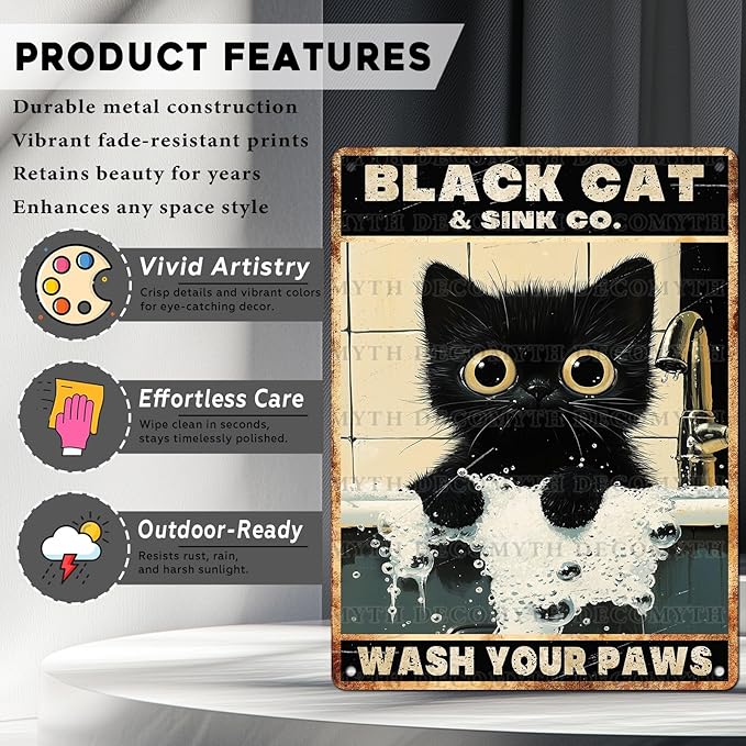 Vintage Black Cat Tin Sign Wash Your Paws Retro Wall Decor Decorations for Home Funny Cats Lovers Poster Indoor Store Cafe Toilet Bathroom Restroom Bar Pubs Farmhouse Farm Shop 12 * 16inch
