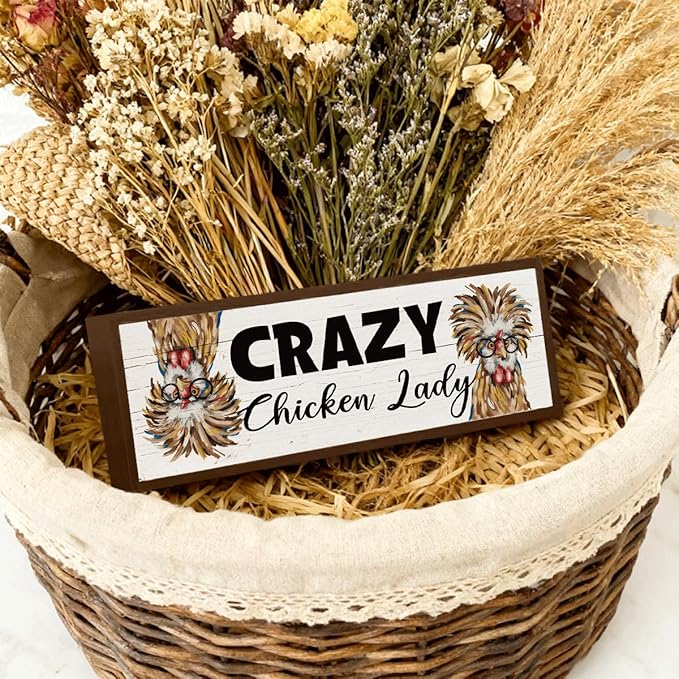 Funny Chicken Decors, Crazy Chicken Lady Sign, Hens Rooster Farm Decor, Chick Coop Sign, Rustic Framed Wooden Plaque, Farmhouse Home Decor 9.5x3.1x1 inches