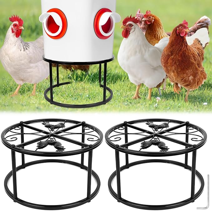 2 PCS Metal Stand for Chicken Feeder Waterer, Heavy Duty Chicken Feeder Stand Holder, Round Support Rack with 4 Rust-Resistant Iron Legs, Buckets Stand for Coop Poultry Indoor Outdoor Use, Black