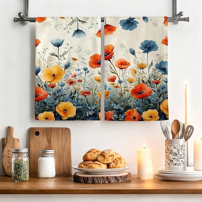 Rustic Wildflower Decorative Kitchen Dish Towels, Colorful Floral Hand & Tea Towel Set of 4, Orange and Blue Dish Cloths for Farmhouse Kitchen Cleaning Drying, Spring Summer Decor