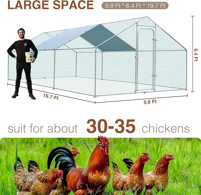 Walk-in Chicken Coop for 30-35 Chickens, Large Metal Chicken Run, Chicken Pen Outdoor W/Cover, Waterproof & Anti-UV, 19.7' D x 9.8' W x 6.4' H, Wire Mesh Poultry Cage for Yard #LYJL06JD-US