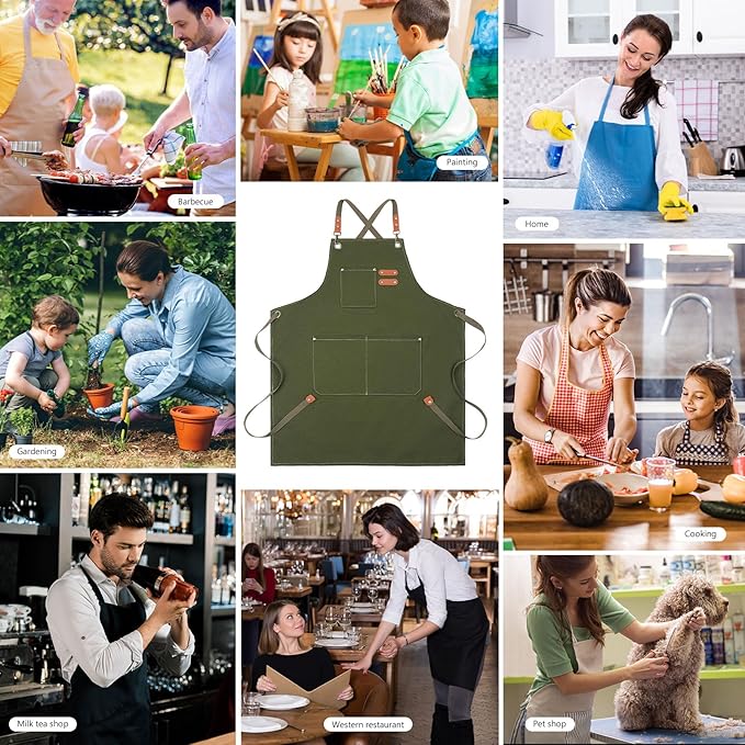 Unisex Aprons with Large Pockets,Cotton Canvas Cross Back Heavy Duty Adjustable Work Apron,Size Kids to Adult