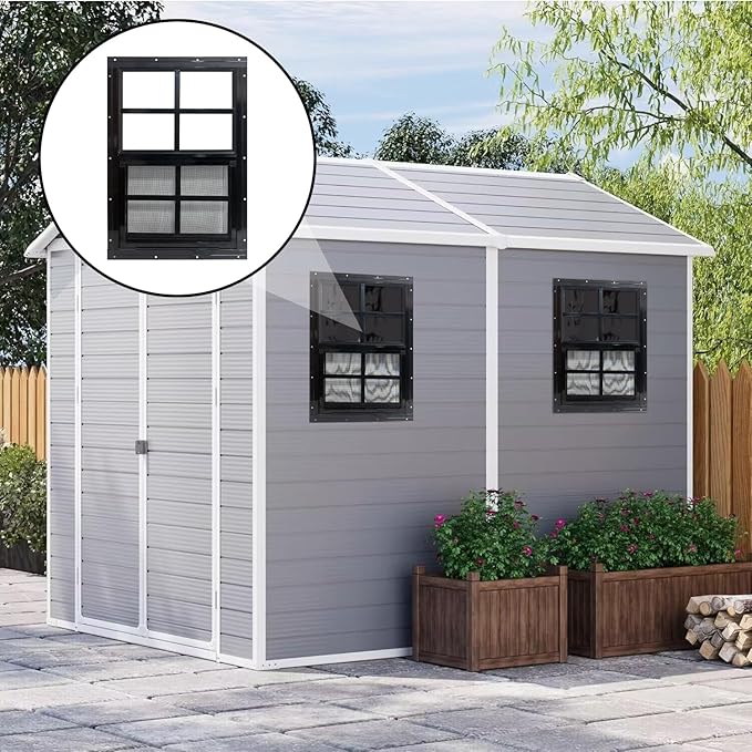 Yuzzy 18" x 23" Shed Windows with Tempered Glass and Fiberglass Screen, 2 Pack Small Sliding Windows for Shed, Chicken Coop, Playhouse, Household, Garage, Barns (Black)