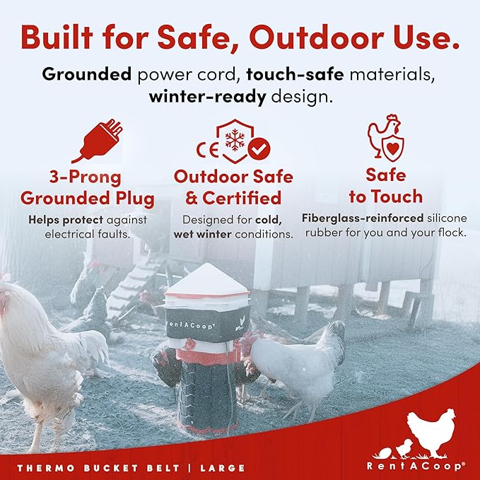 RentACoop Heated Chicken Waterer Belt for Winter, Thermo Bucket Heater Strap LG with Insulated Wrap for 2-5 Gal, 40W Energy Efficient, Safe to -10°F, Auto Thermostat