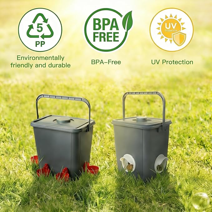 Chicken Feeder and Waterer Set (2.6 Gallon / 10L) – Square Automatic Poultry Dispenser Kit – Gravity Feed Ports & Drinking Cups – Durable Coop Accessories for Hens & Ducks (Grey)