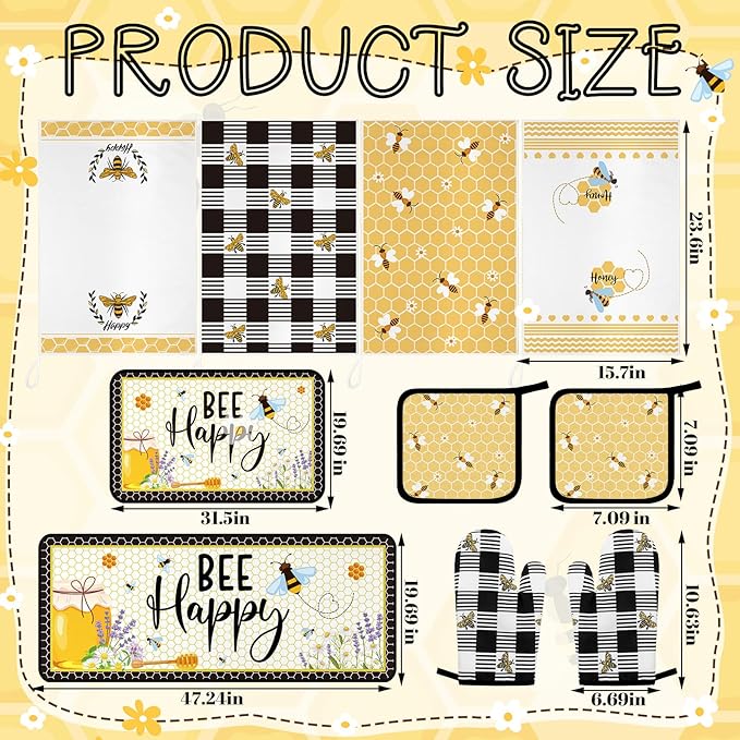 10 Pcs Bee Kitchen Dish Towels Rugs Oven Mitts and Pot Holders Set Farmhouse Kitchen Decor Set for Women Mom Daughter Gift Cooking Baking Grilling (Cute Yellow Black)