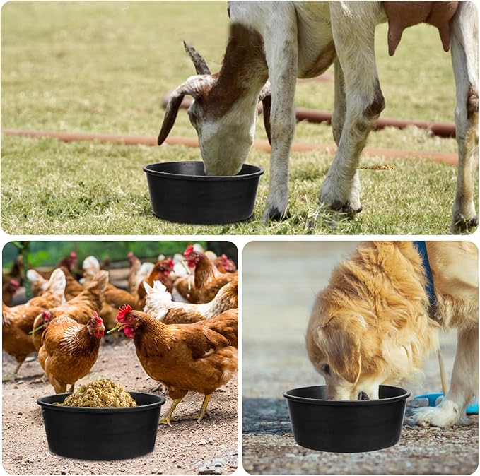 4 Pcs Rubber Feed Pan, 4 Quart 10.6 x 4.1 Inche Livestock Feeding Bucket, Dust Bath Container, Durable Utility Bowl for Horse Cats Dogs Chickens Ducks Goats Pigs and Farm Small Animal.