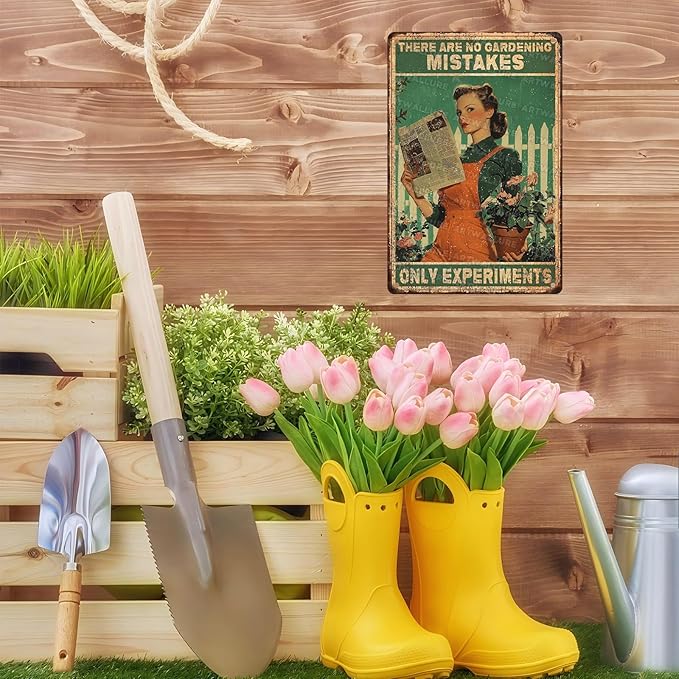 Gardening Girl Metal Tin Sign Rustic Wall Decor Vintage Botanical Art There Are No Gardening Mistakes Only Experiments Quote 8x12inch
