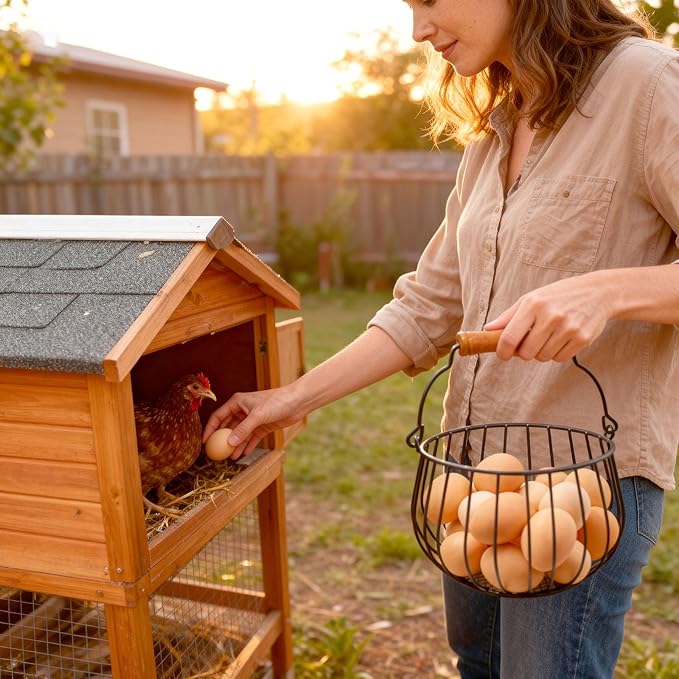Farmhouse Egg Basket for Gathering Fresh Eggs - 24 Egg Capacity Wire Basket with Wood Handle, Chicken Coop to Kitchen Counter Organizer for Potatoes, Onions & More