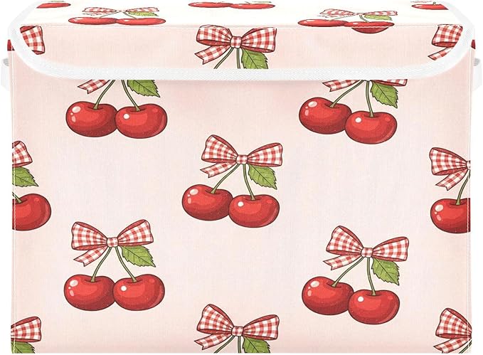Cherry Bows Pattern Storage Bins with Lids Foldable Storage Basket with Handles Collapsible Large Fabric Organizer Containers for Clothes Shelves Closet Office Home