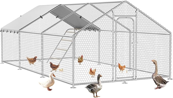 Large Metal Chicken Coop with Roosting Perch, Waterproof and UV-Resistant Cover,Outdoor Walk-in Cage Hen House for Yard Farm Rabbit Duck Chicken Run with Spire Roof (10'W x 19.7'L x 6.4'H)