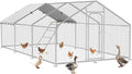 Large Metal Chicken Coop with Roosting Perch, Waterproof and UV-Resistant Cover,Outdoor Walk-in Cage Hen House for Yard Farm Rabbit Duck Chicken Run with Spire Roof (10'W x 19.7'L x 6.4'H)