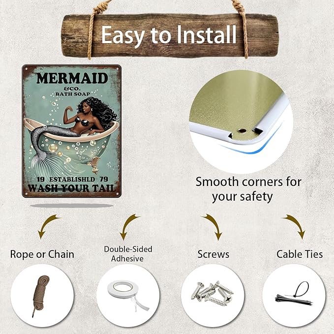 Funny Mermaid Company Bath Soap Metal Signs Wash Your Tail Sign Vintage Tin Sign Wall Decor Retro Tin Signs for Room Living Room Bathroom Toilet Hotel 12x16 Inch