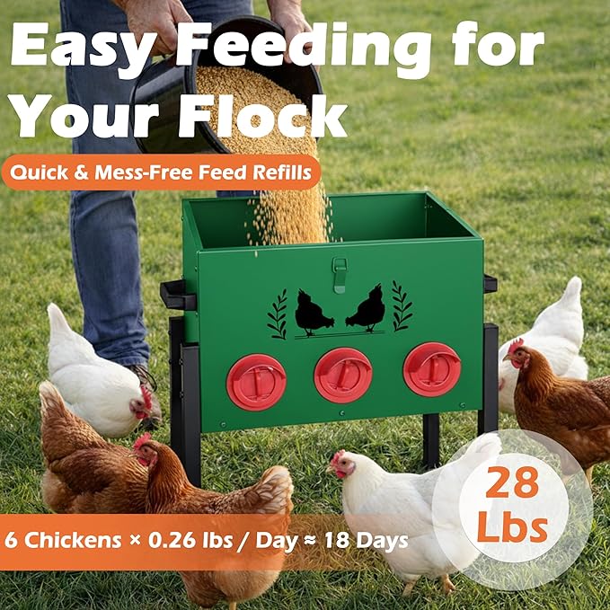 Large Capacity Automatic Chicken Feeder, 6 Port Chicken Feeder, 28LB Metal Chicken Feeders with Locking Lid & Adjustable Legs, No Waste Chicken Feeder, Green