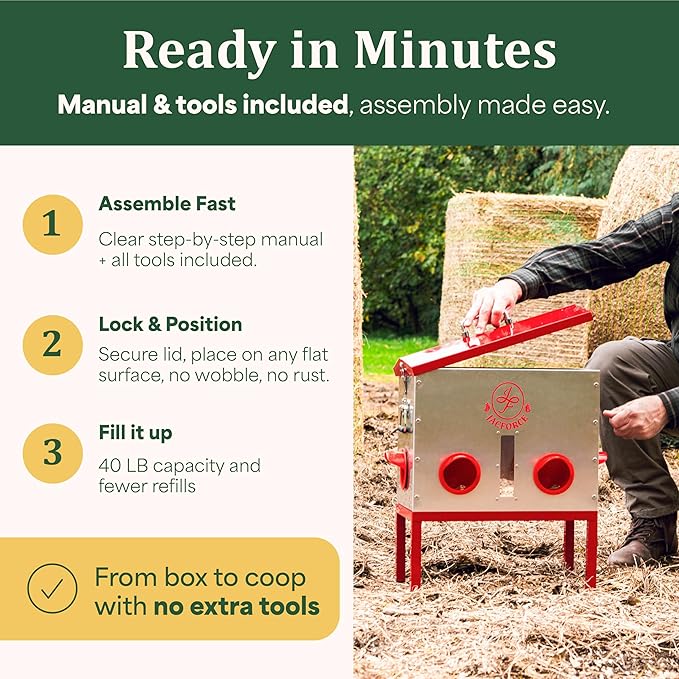 Automatic Chicken Feeder – 40lb No Waste Metal Poultry Feeder with 6 Ports, Locking Lid & Raised Legs – Stops Feed Waste & Constant Refills for Happy Chickens & Clean Coops