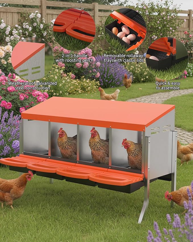 Chicken Nesting Box 4 Hole, Galvanized Steel Nest with Roll Away Egg Collection & Swing Perch, Easy-Clean Laying Box for Hens, Heavy Duty Design for Chicken Coop