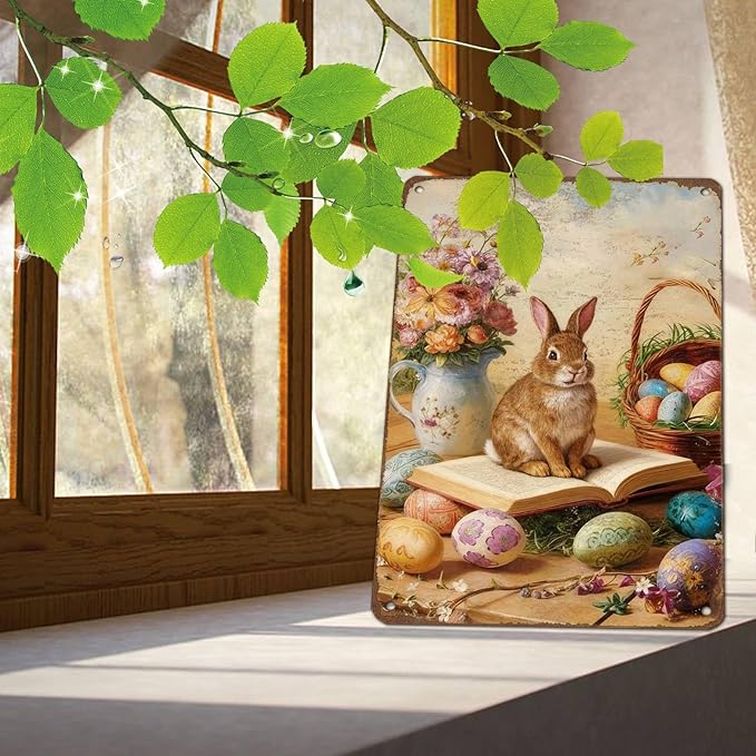 YoyaVex Vintage Easter Bunny Metal Sign Rustic Farmhouse Design Aluminum Wall Decor For Indoor Outdoor Use In Home Garden Bar Cafe Office Club 12X16Inch