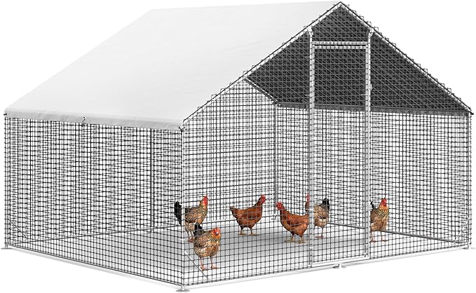 LEVELEVE Large Walk-in Chicken Coop with Chicken Run, Galvanized Poultry Enclosure with Waterproof Anti-UV Cover and Security Lock, Ideal for Rabbit, Duck, Backyard and Farm Yard，9.8'x 6.6'x 6.6'