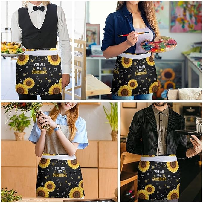 Server Apron with 3 Pockets Waist Waiter Waitress Half Apron Short Aprons
