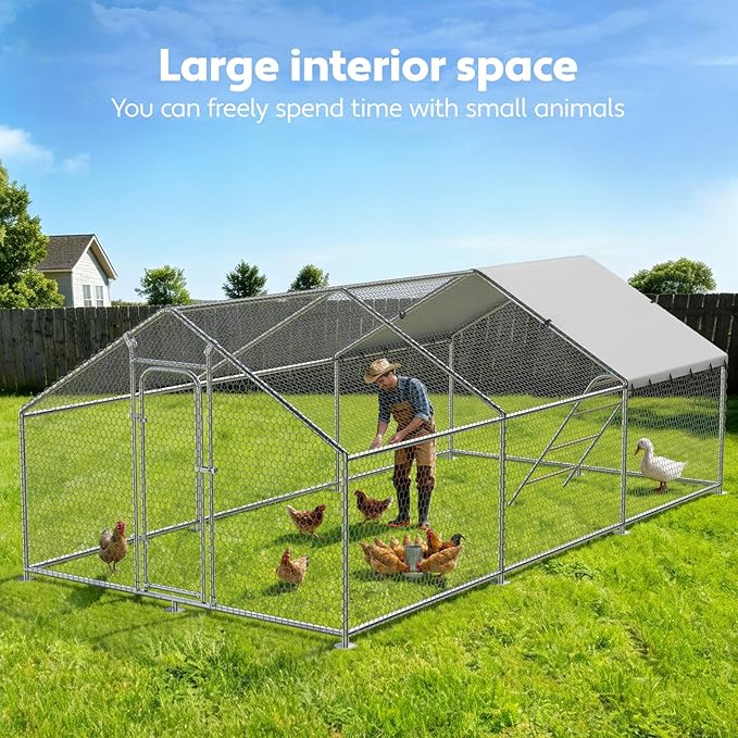 Large Metal Chicken Coop with Roosting Perch, Waterproof and UV-Resistant Cover,Outdoor Walk-in Cage Hen House for Yard Farm Rabbit Duck Chicken Run with Spire Roof (10'W x 19.7'L x 6.4'H)
