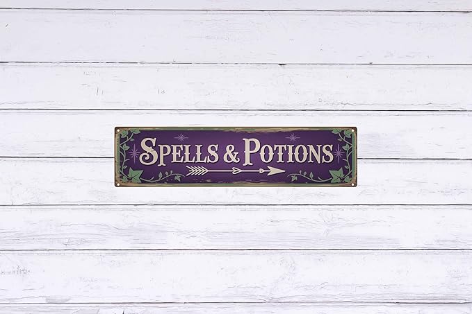 Spells and Potions Metal Sign 4x16in Whimsical Plaque for Witchy Room Wall Decor