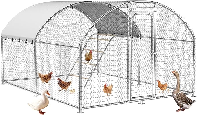 Large Metal Chicken Coop with Roosting Perch Walk-in Poultry Cage Chicken Run House Chicken Pen Dome Shaped Coop with Waterproof Cover for Outdoor Backyard Farm Use(10' L x 13.2' W x 6.4' H)