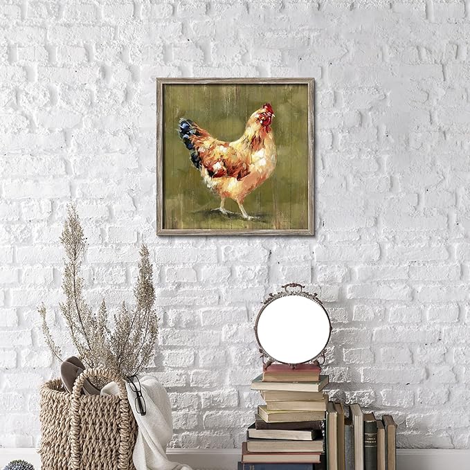 Farmhouse Wall Art Chicken Picture: Rustic Farm Animal Wooden Framed Artwork Decor Kitchen Country Print Chickens Hen Artwork for Bedroom Living Room Home 16 x 16 Inches