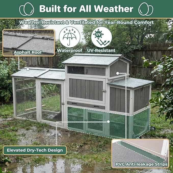 Chicken Coop with Run, Weatherproof Mobile Chicken Tractor Hen House with Wheels, Nesting Box, Roosting Bars, Pull-Out Tray, Asphalt Waterproof Roof & Fun Swing for Chickens Quails Small Animals