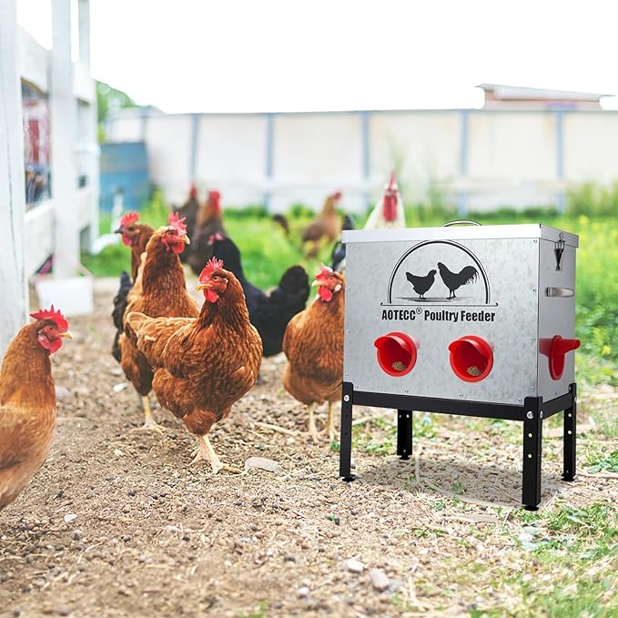 Metal Chicken Feeder, 40lb Automatic Chicken Feeder - 6 Feeding Ports, No Waste Poultry Feeder with Locking Lid & Legs for Outdoor Inside Chicken Coops Geese Ducks, Weatherproof, Rodent Proof