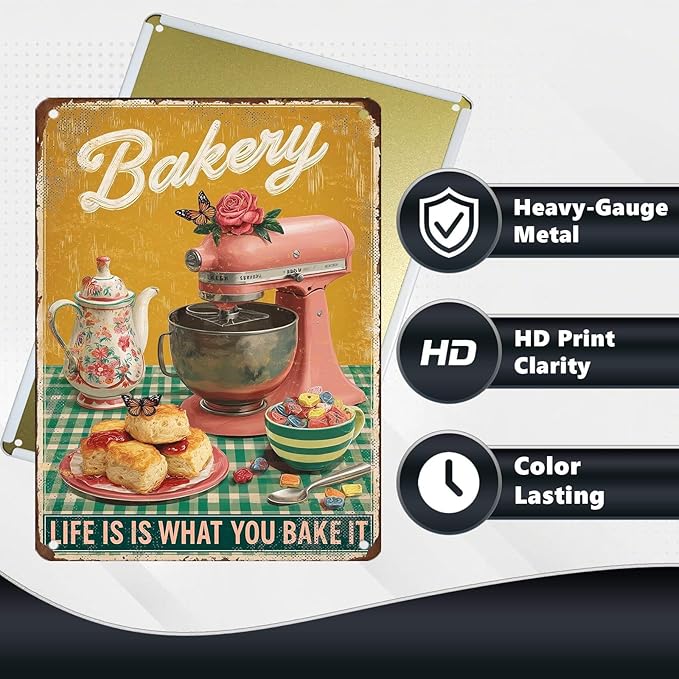 Retro Baking Metal Plaque Life Is What You Bake It Sign Farmhouse Wall Decor Aluminum Tin Sign Bread Pastry Art Kitchen Diner 12X16Inch