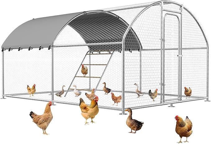 Large Metal Chicken Coop with Roosting Perch, Waterproof and UV-Resistant Cover, Outdoor Walk-in Cage Hen House for Yard Farm Rabbit Duck Chicken Run Dome Roof (10’ W x 13.2’ L x 6.4’ H)