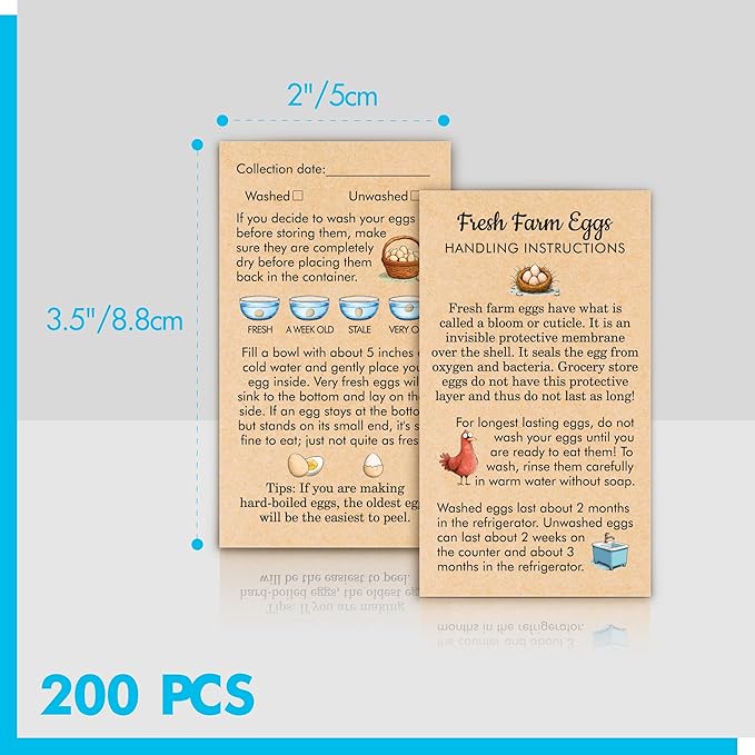 200 PCS Fresh Farm Egg Handling Instruction Cards, Double-sided Printing Egg Carton Stamp Bulk with Washed/Unwashed Fresh Egg Care Accessories Card Labels for Farm Fresh Eggs (3.5” x 2”)