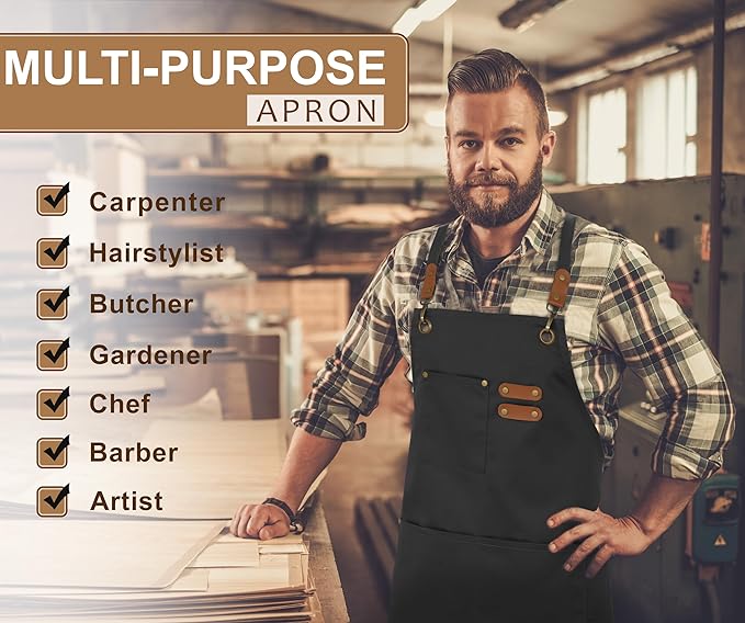 RUVANTI Work Apron for Men, Oil & Water Repellent, Poly Cotton Cross Back Aprons for Women with Pockets, Adjustable up to XXL