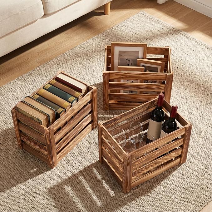 Ripeng 3 Pack Wooden Large Crates Storage Crate Decorative Wood Crates Wooden Storage Container with Handles for Display Decor 15.75 x 11.8 x 10.24 inches