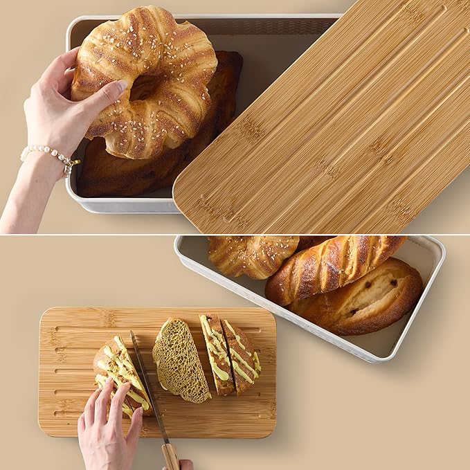 Bread Box for Kitchen Countertop - Metal Bread Storage with Bamboo Cutting Board Lid & Bread Knife, Corner Bread Container for Homemade Bread and Toast, White